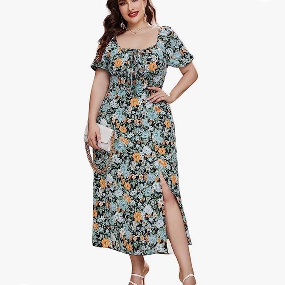 Women’s Floral Print Tie Front Square Neck Slit Hem Midi Dress SIZE 3X - Picture 2 of 7